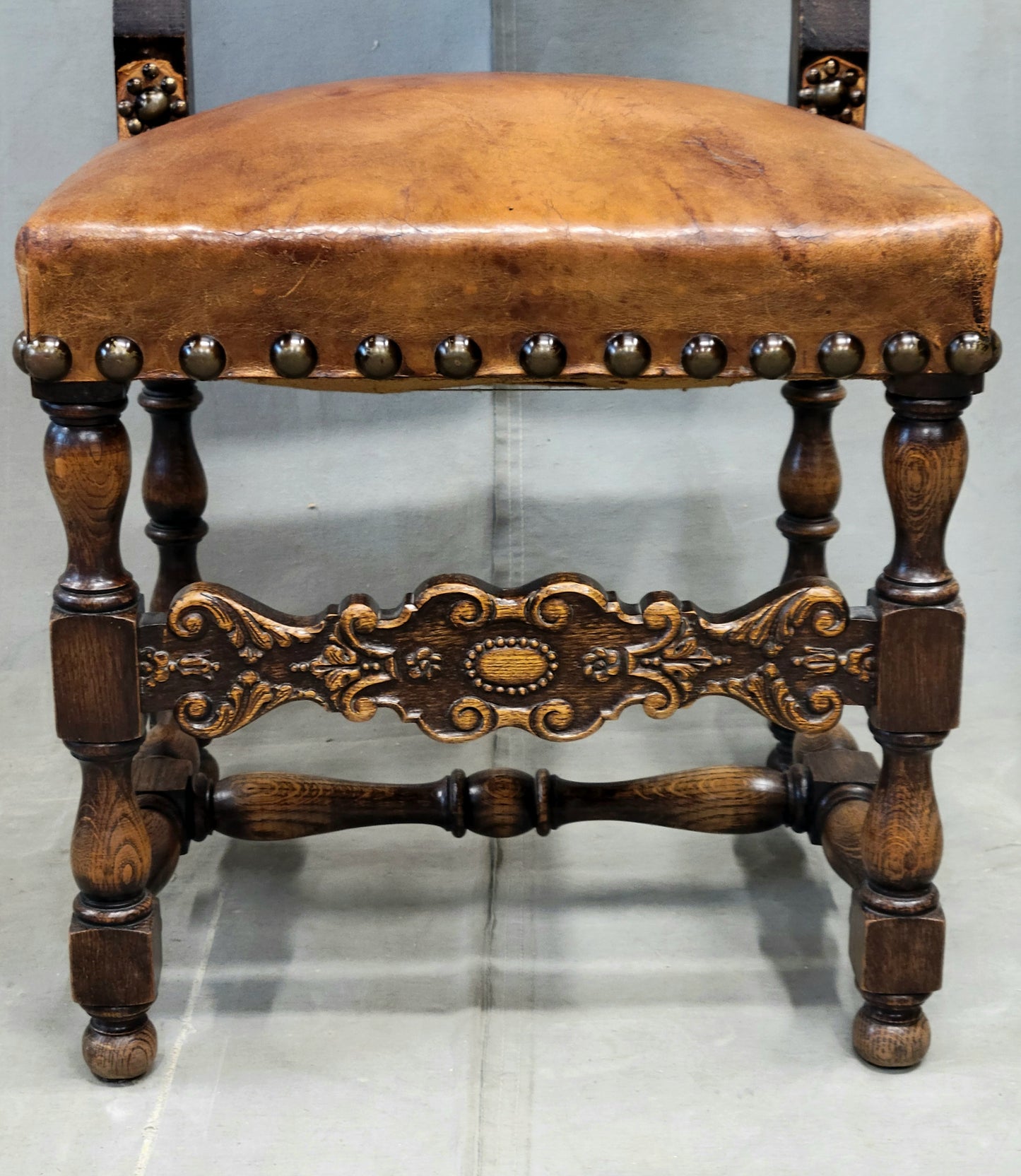 Antique Spanish or Renaissance Revival Oak and Leather Side Chairs - Set of 3