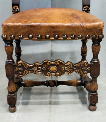 Antique Spanish or Renaissance Revival Oak and Leather Side Chairs - Set of 3