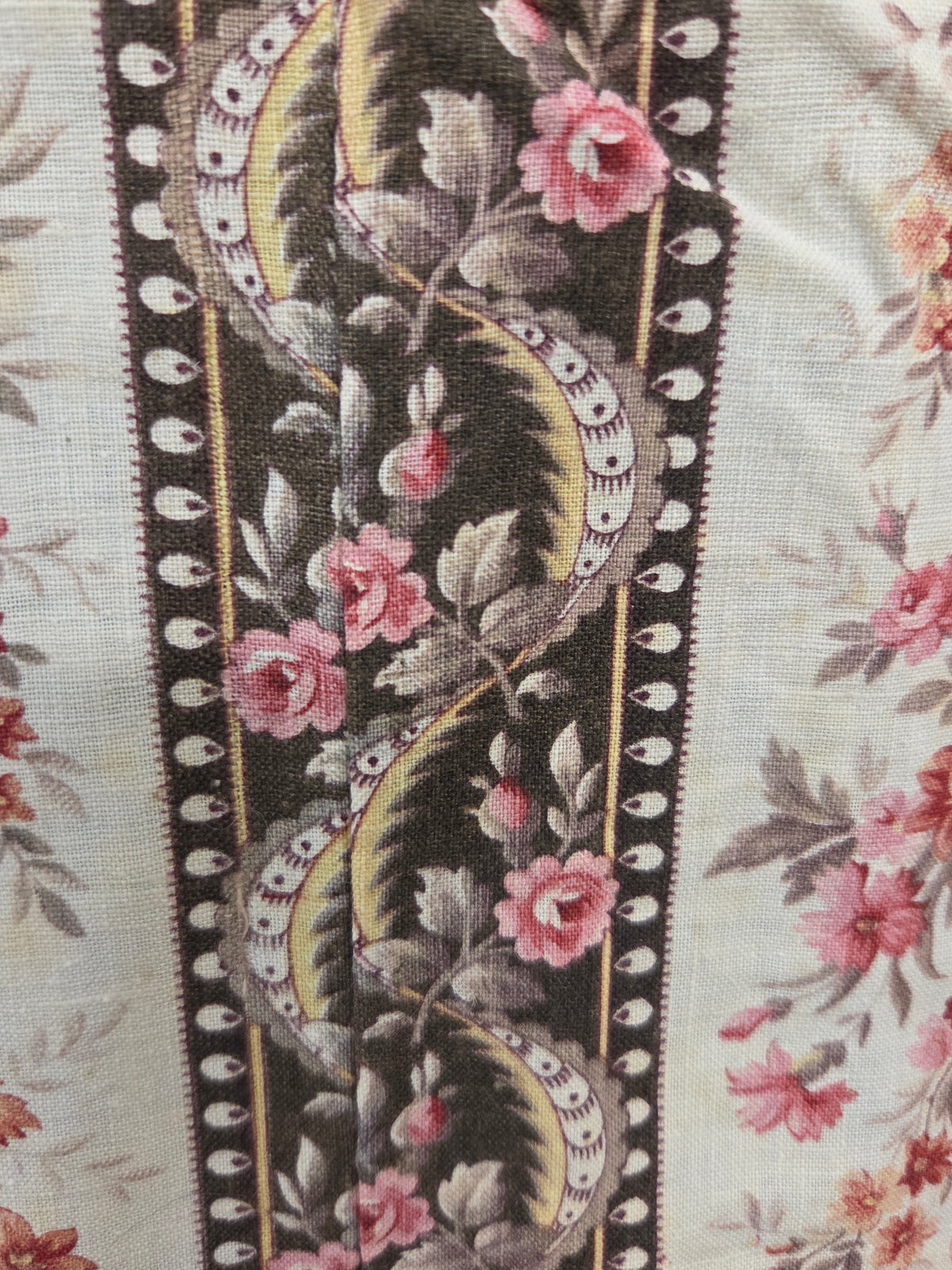 Antique 1920s French Cotton Curtain Panel, Pink and Brown Stripe With Florals