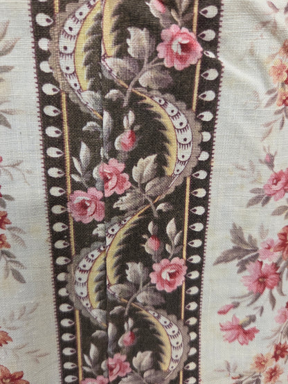 Antique 1920s French Cotton Curtain Panel, Pink and Brown Stripe With Florals