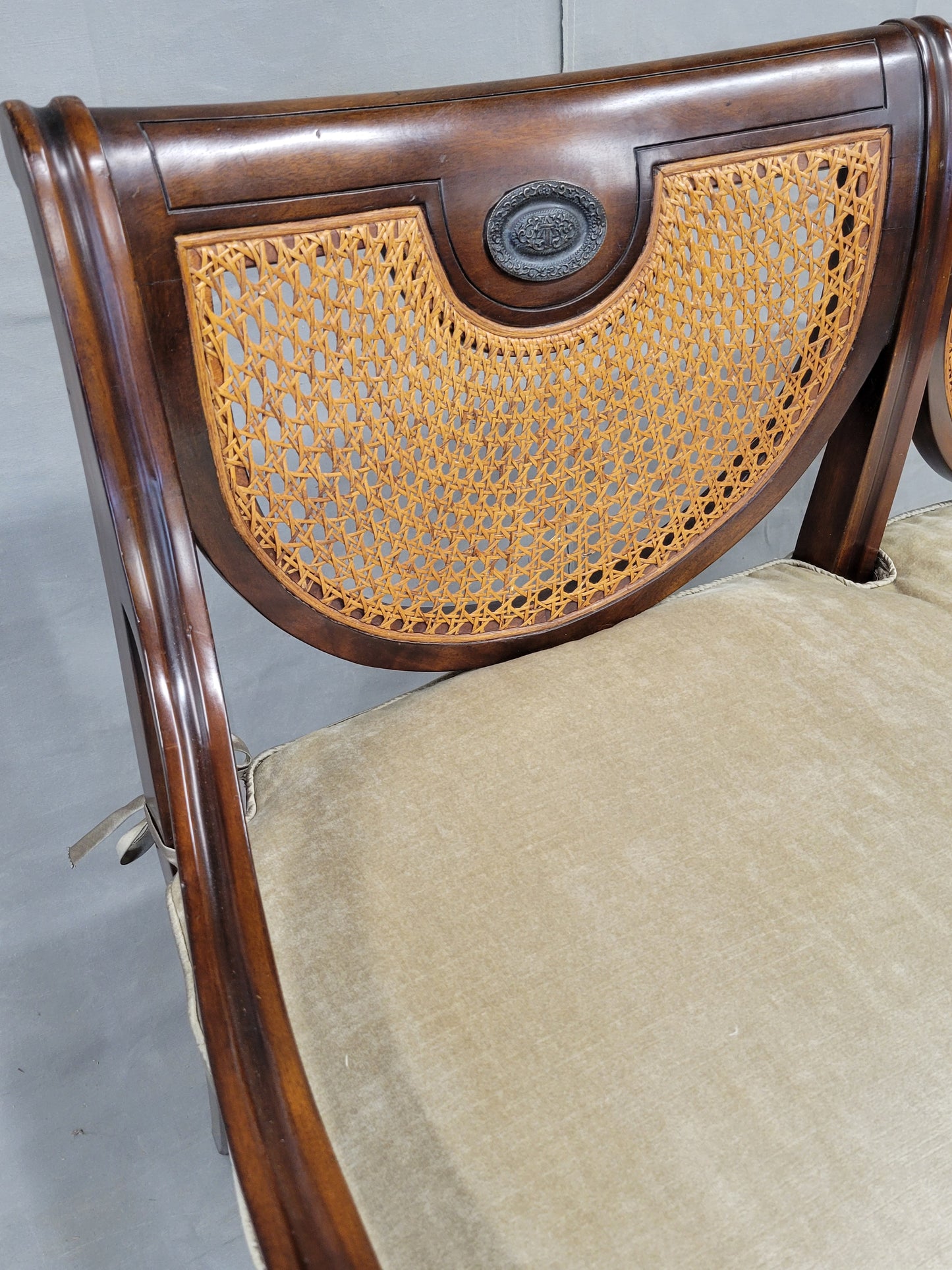 Vintage Theodore Alexander Regency Caned Mahogany Settee With Silk/Velveteen Down Cushion