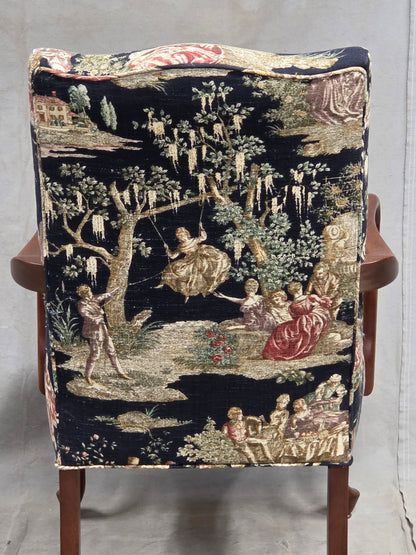 Pair of Vintage Queen Anne Chairs and Ottoman with Black Toile Upholstery