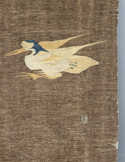 Antique Mongolian Handwoven Wool Blanket with Cranes