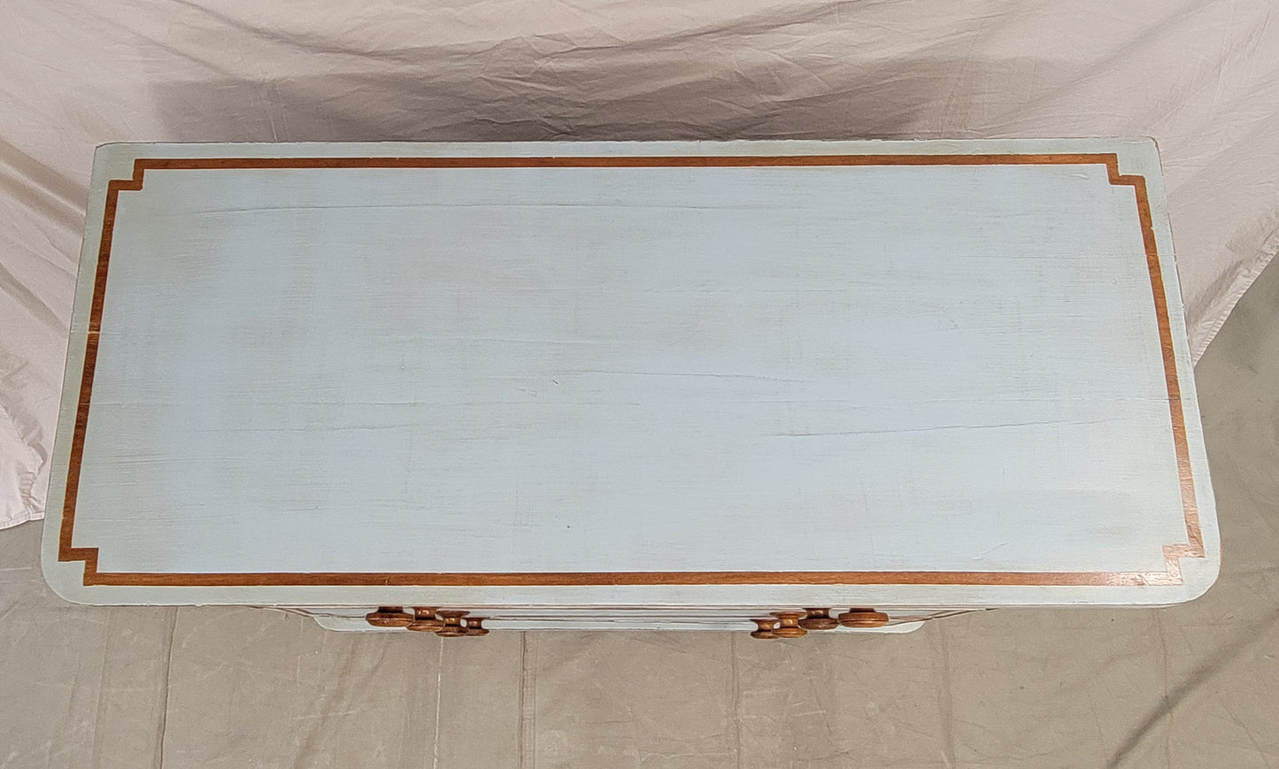 Antique English Blue Painted Dresser With Mahogany Pulls Inset With Mother-of-Pearl