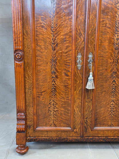Antique 19th Century German Wilhelmenian Flame Birch Vertical Buffet Sideboard