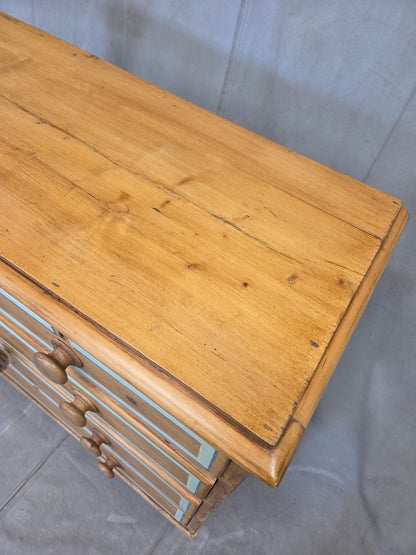 Antique English Edwardian Natural Pine Chest of Drawers with Blue French Line