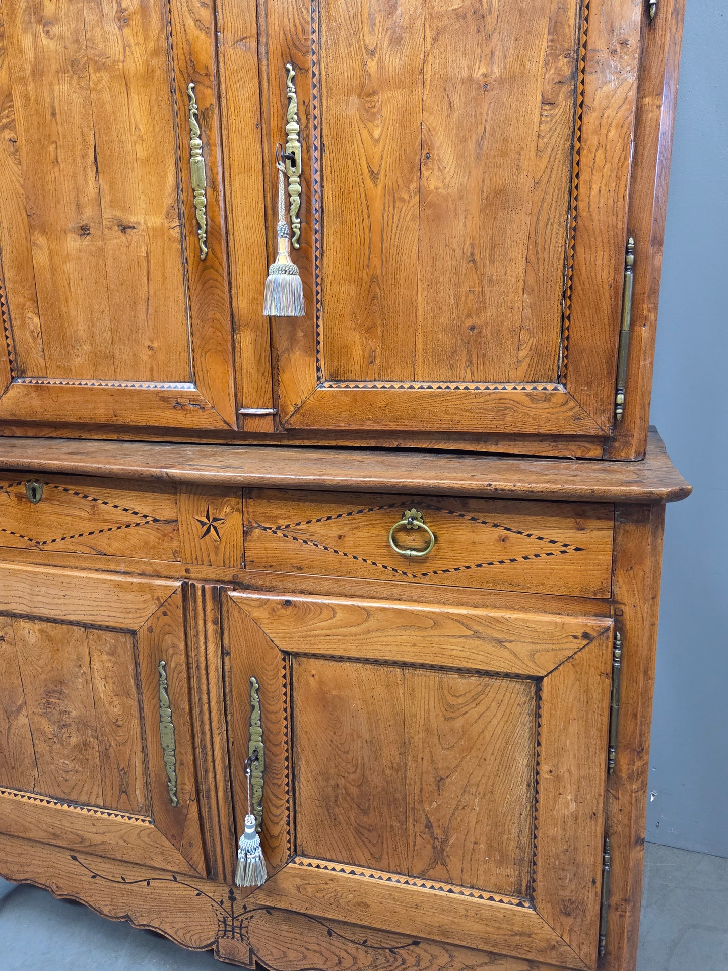 Antique French Elm Deux Corps Buffet Cabinet With Inlay and Fitted Interior