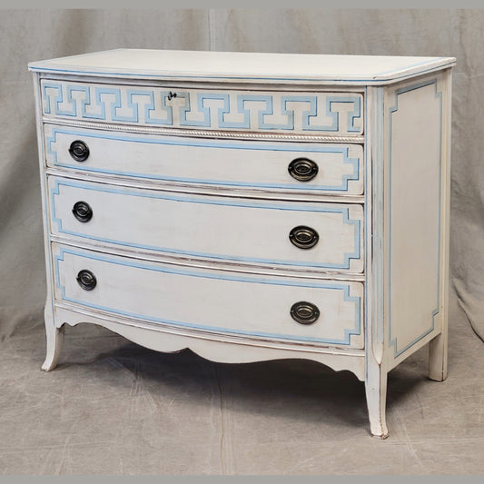 Vintage Painted Blue and White Trompe l'Oeil Bow Front Dresser With Greek Key Motif