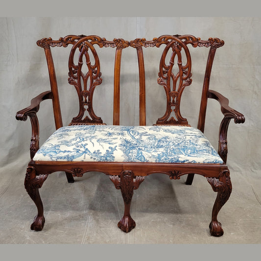 Vintage Mahogany Chippendale Bench With Schumacher Chinoiserie Upholstery