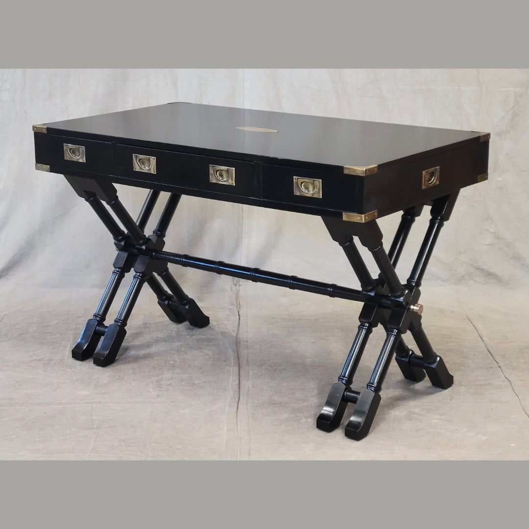 Vintage Bombay Company Faux Bamboo Campaign Desk With Black Lacquer