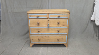 Antique English Edwardian Natural Pine Chest of Drawers with Blue French Line