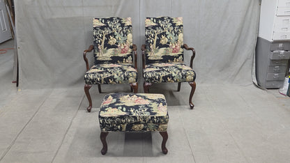 Pair of Vintage Queen Anne Chairs and Ottoman with Black Toile Upholstery