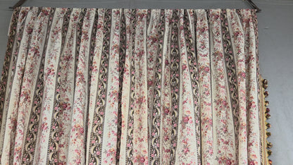 Antique 1920s French Cotton Curtain Panel, Pink and Brown Stripe With Florals