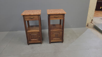 Antique European Oak and Italian Marble Pot Cupboards Nightstands - a Pair