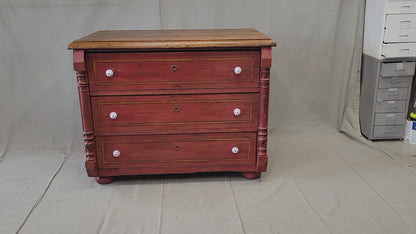 Antique European Pine Dresser With Red Distressed Paint and French Line Motif