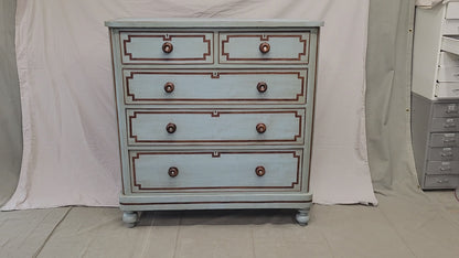 Antique English Blue Painted Dresser With Mahogany Pulls Inset With Mother-of-Pearl