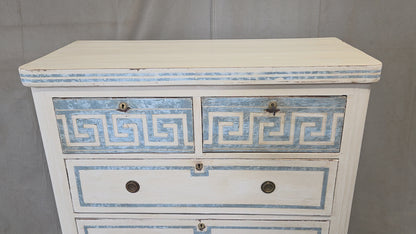 Antique English Pine Painted Dresser Chest of Drawers With Greek Key Motif
