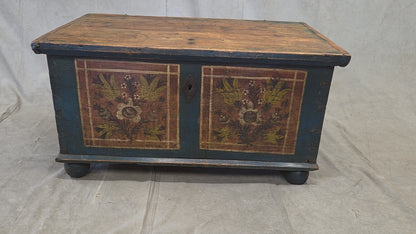 Antique 19th Century German or Austrian Original Blue Painted Pine Blanket Chest