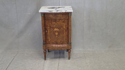 Antique French Art Nouveau Burl Marble Marquetry Nightstand With Bronze Ormolu