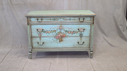 Antique French Floral Painted Mahogany Dresser with Matching Mirror