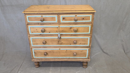 Antique English Edwardian Natural Pine Chest of Drawers with Blue French Line