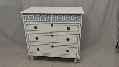 Antique English Pine Painted Dresser Chest of Drawers with Greek Key Motif