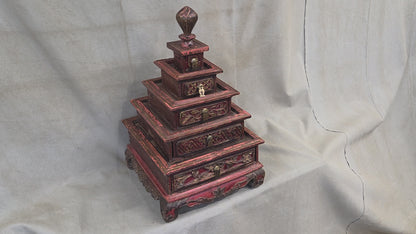 Vintage Sumatra, Indonesia Lacquer Pyramid Shaped Jewelry Box with Five Drawers