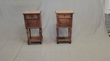 Antique French or Belgian Walnut Nightstands With Italian Marble - A Near Pair