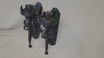 Vintage Spanish Revival Black Iron Wired Wall Sconces - a Pair