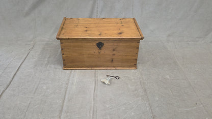 Antique German Natural Pine Storage Trunk with Original Iron Key