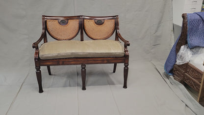 Vintage Theodore Alexander Regency Caned Mahogany Settee With Silk/Velveteen Down Cushion