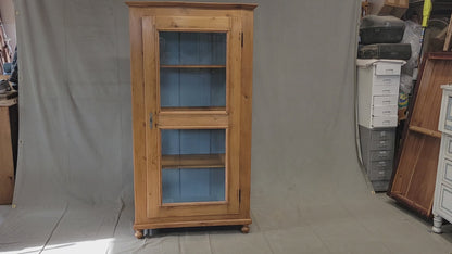 Antique German Pine Display Cabinet With Painted Blue Interior