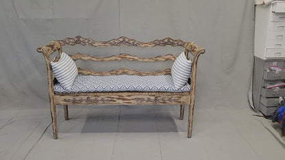 Vintage French Country Carved Wood Bench With Rush Seat and New Cushions