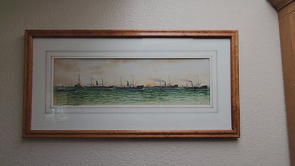 Antique Circa 1900 Gouache Maritime Painting of Steam Ship Fleet, by "Tully"