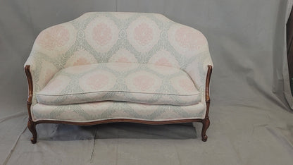 Vintage Damask French Style Camelback Loveseat With Down Cushion and Blush / Sage Upholstery