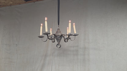 Antique Punched Tin Six-Arm Candle Chandelier, New Mexico, Spanish Colonial style