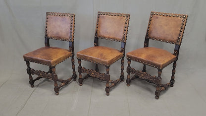 Antique Spanish or Renaissance Revival Oak and Leather Side Chairs - Set of 3