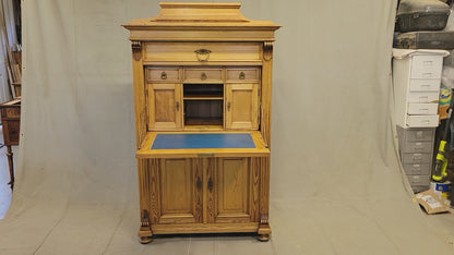 Antique Danish Biedermeier Pine Secretary Desk With Blue Leather