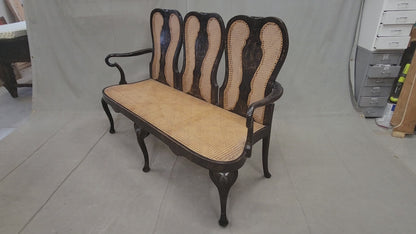Antique 19th Century English Chinoiserie Lacquer and Cane Chair Back Settee