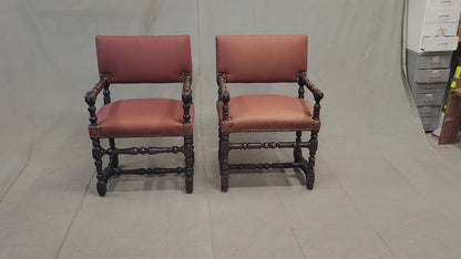 Antique European Renaissance Revival Chairs with Terracotta Linen Upholstery - a pair
