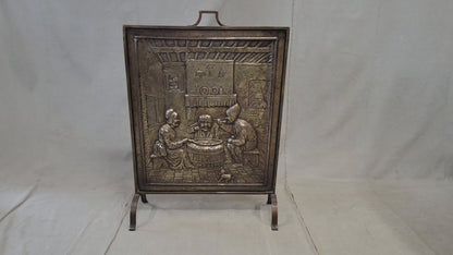 Antique French or Belgian Stamped Brass Fireplace Screen of Interior Scene