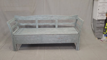 Antique 19th Century Swedish Storage Bench with Blue/Gray Paint and Linen Cushion