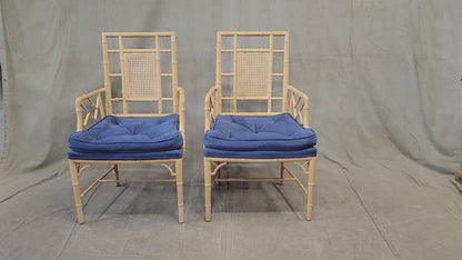 Vintage Faux Bamboo Chairs With Blue Cushions - a Pair