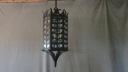Vintage Custom Hexagonal Iron & Glass Pendant Lantern - 10 Available