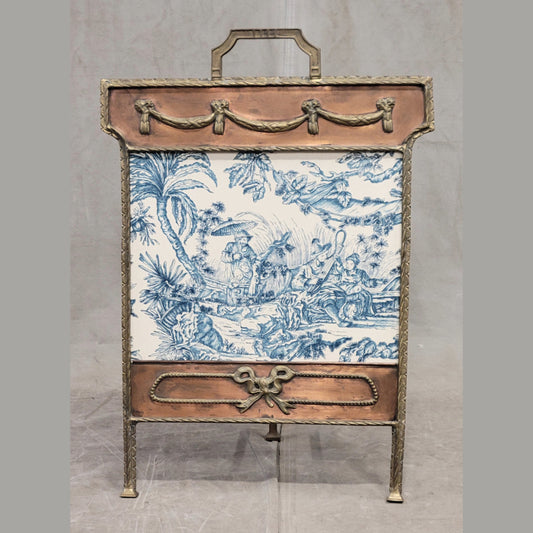 Antique 1920s Copper and Brass Firescreen With Schumacher Blue and White Asian Toile Inset